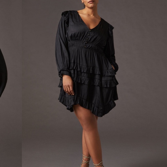 By Anthropologie Tiered Ruffled Mini Dress black Long Sleeve XL Satin $160 - Picture 2 of 10